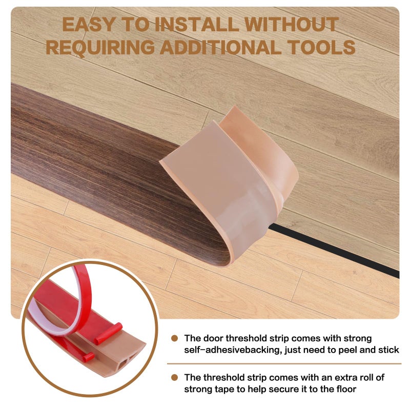 DBHXXMB-HH Floor Transition Strip Vinyl Door Threshold Ramp Self Adhesive Carpet Edging Strip Doorway Edge Trim, Overlap Edge Reducer for Laminate Carpet, Floor, Tile (Brown Wood Grain, 2/5"" to 3/5"", 10Ft) - Image 2